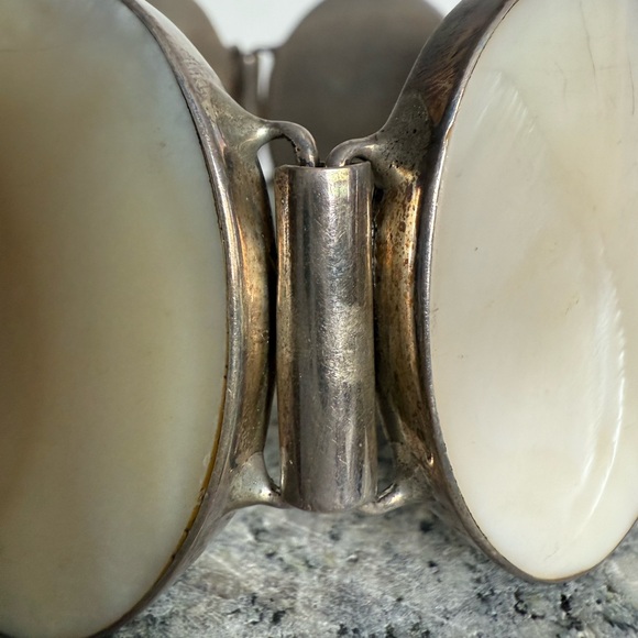 Vintage Mother of Pearl and Sterling Panel Statement Bracelet - Picture 9 of 15